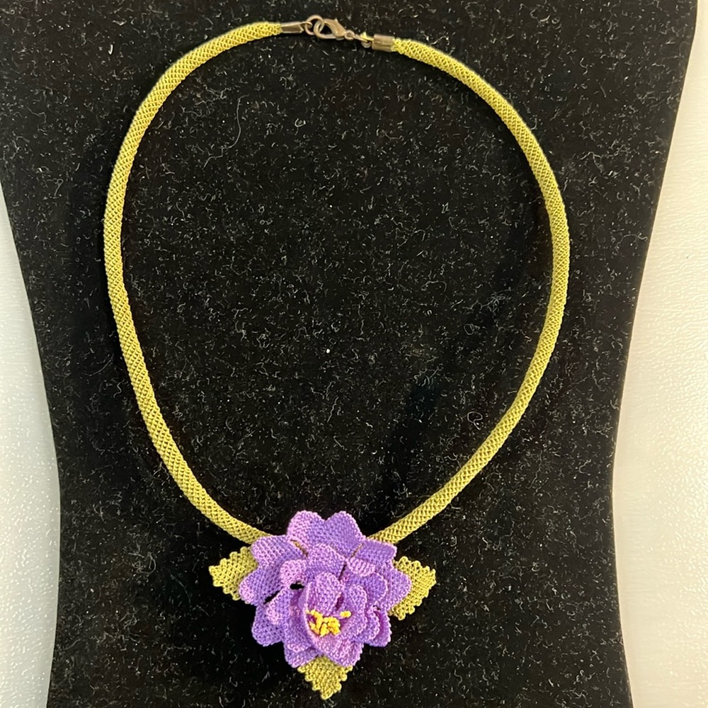 Handmade Crochet 3D Flower Choker Necklace in Olive Green and Purple